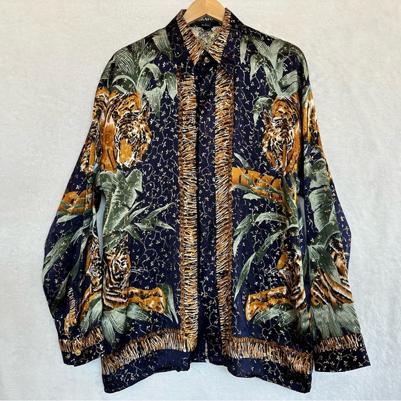 Vtg BRAVO men’s metallic silk tiger animal print gold browns button up shirt L - Picture 2 of 16